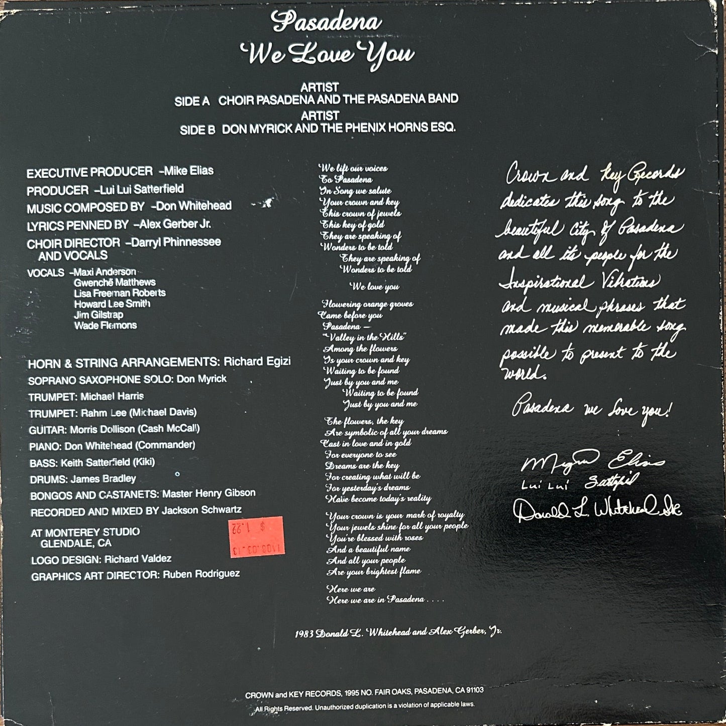 Choir Pasadena & The Pasadena Band ‎– Pasadena We Love You 12" Disco Funk / Gospel 1983