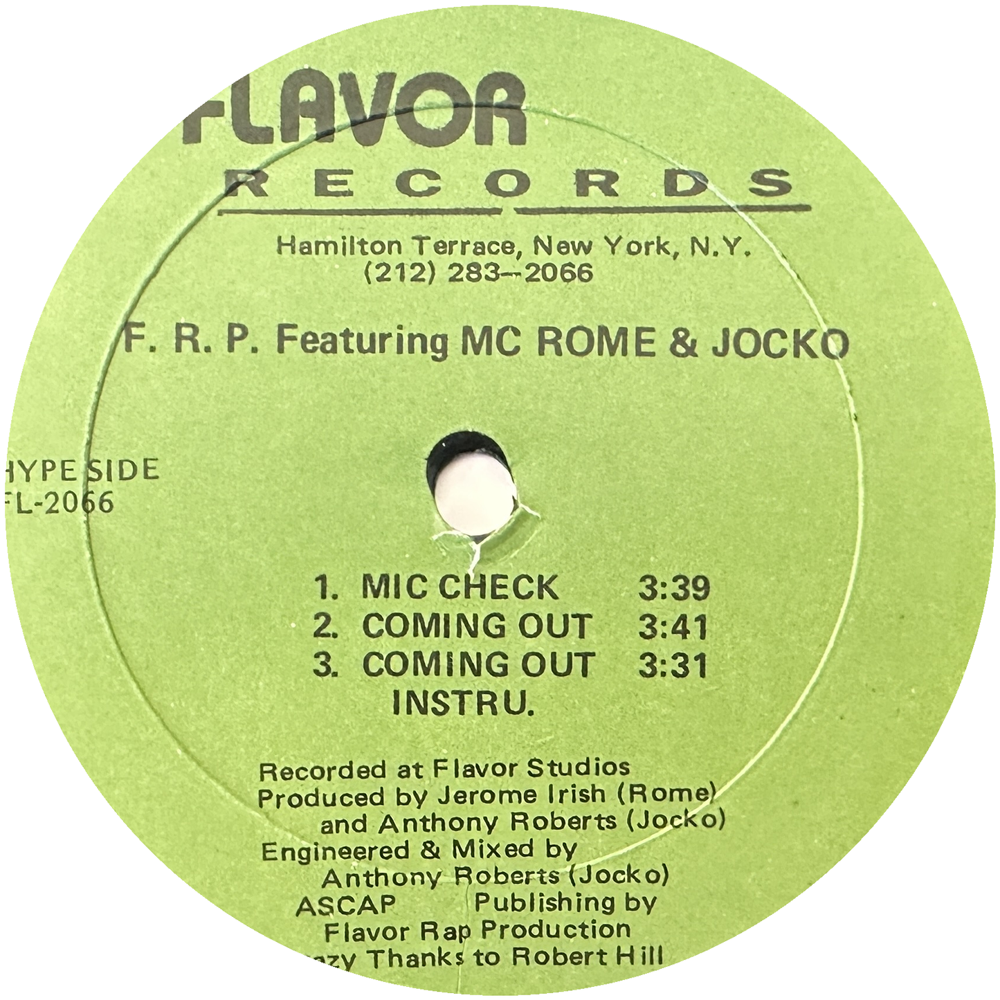 F. R. P. Featuring MC Rome & Jocko  ‎– Mic Check 12" Hip Hop / Rap 1991 Flavor Records