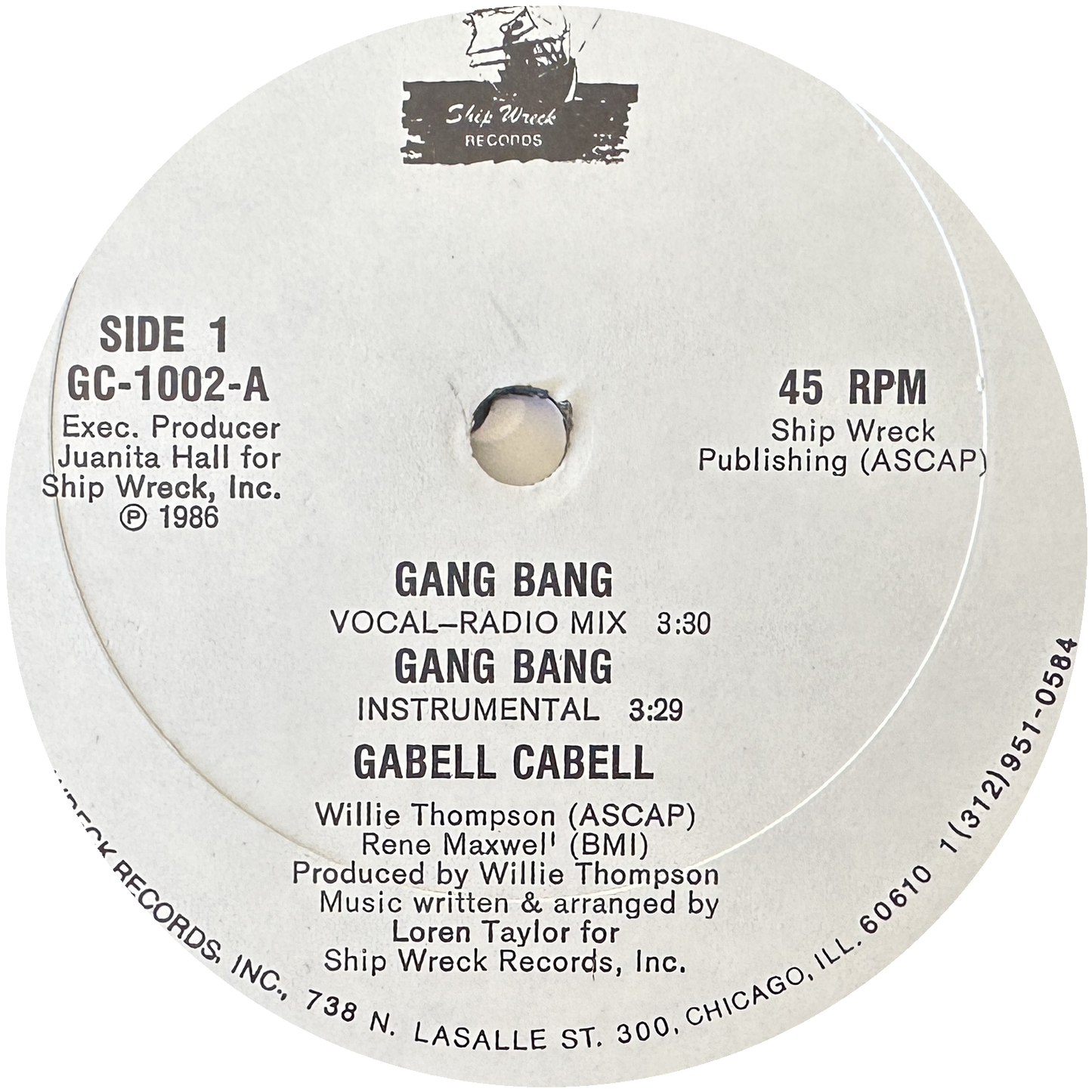 Gabell Cabell ‎– Gang Bang 12" Electro Rap 1986 Ship Wreck Records